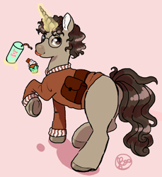 Size: 1966x2145 | Tagged: safe, artist:69beas, oc, oc only, pony, unicorn, bag, coffee, cupcake, digital art, food, looking back, magic, magic aura, male, saddle bag, simple background, sketch, solo, stallion, tongue out, walking