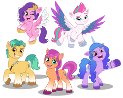Size: 1280x1016 | Tagged: safe, artist:aleximusprime, hitch trailblazer, izzy moonbow, pipp petals, sunny starscout, zipp storm, earth pony, pegasus, pony, unicorn, g5, my little pony: a new generation, badge, colored, female, flat colors, jewelry, male, male and female, mane five, mare, pigtails, simple background, stallion, tiara, transparent background