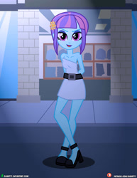 Size: 3090x4000 | Tagged: safe, artist:dieart77, sunny flare, equestria girls, g4, arm behind back, bare shoulders, belt, clothes, commission, dress, female, high heels, looking at you, open mouth, shoes, sleeveless, sleeveless dress, solo, strapless