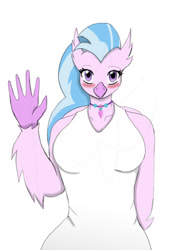 Size: 595x842 | Tagged: safe, artist:afhybrid, silverstream, hippogriff, anthro, g4, arm behind back, bare shoulders, blushing, breasts, busty silverstream, female, front view, jewelry, looking at you, necklace, simple background, smiling, solo, waving, waving at you, white background, white dress