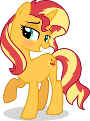 Size: 5000x6686 | Tagged: safe, artist:n0kkun, sunset shimmer, pony, unicorn, g4, bedroom eyes, blushing, female, grin, mare, raised hoof, simple background, smiling, solo, transparent background, vector