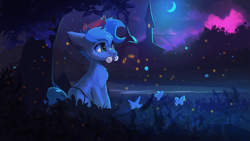 Size: 1920x1080 | Tagged: safe, artist:hierozaki, oc, oc only, oc:blue chewings, earth pony, pony, chest fluff, flower, moon, solo, stars, tree