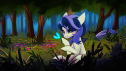 Size: 1920x1080 | Tagged: safe, artist:hierozaki, oc, oc only, oc:misty breeze, butterfly, earth pony, pony, floppy ears, flower, forest, grass, looking at something, rock, solo, tree, two toned mane, white coat, yellow eyes