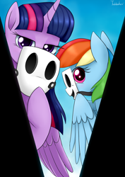 Size: 2480x3507 | Tagged: safe, artist:twidasher, rainbow dash, twilight sparkle, alicorn, pegasus, pony, g4, duo, female, high res, lesbian, looking at you, mare, mask, movie reference, ship:twidash, shipping, signature, twilight sparkle (alicorn)