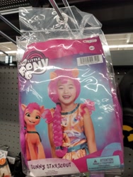 Size: 3120x4160 | Tagged: safe, sunny starscout, earth pony, human, pony, g5, my little pony: a new generation, clothes, costume, halloween, halloween costume, irl, looking at you, my little pony logo, photo, pony costume, walmart, wig