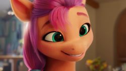 Size: 3410x1920 | Tagged: safe, screencap, sunny starscout, earth pony, pony, g5, my little pony: a new generation, spoiler:my little pony: a new generation, bust, cute, female, grin, high res, mare, smiling, solo, sunnybetes
