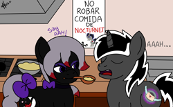 Size: 1430x885 | Tagged: safe, artist:alexlobo70, oc, earth pony, pony, unicorn, duo, food, kitchen, open mouth