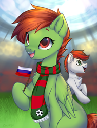 Size: 1648x2175 | Tagged: safe, artist:megabait, oc, pony, clothes, flag, football, inktober, inktober2021, russia, scarf, spirit, sports, stadium