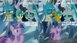 Size: 1280x720 | Tagged: safe, edit, edited screencap, editor:quoterific, screencap, gallus, ocellus, sandbar, tree of harmony, alicorn, changeling, earth pony, griffon, pony, g4, season 8, what lies beneath, eyes closed, female, floppy ears, male, mare, open mouth, spread wings, treelight sparkle, wings