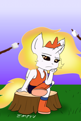 Size: 667x1000 | Tagged: safe, artist:empyu, daybreaker, alicorn, anthro, g4, female, food, mare, marshmallow, roasting, solo, tree stump