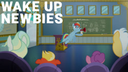 Size: 1280x720 | Tagged: safe, edit, edited screencap, editor:quoterific, screencap, loosey-goosey, mountain haze, rainbow dash, short fuse, vapor trail, pegasus, pony, g4, season 6, top bolt, airhorn, chalkboard, female, flying, male, mare, stallion