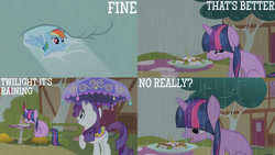 Size: 1280x720 | Tagged: safe, edit, edited screencap, editor:quoterific, screencap, rainbow dash, rarity, twilight sparkle, pegasus, pony, unicorn, g4, season 1, the ticket master, daffodil and daisy sandwich, female, food, mare, mushroom table, open mouth, rain, sandwich, trio, trio female, umbrella, unicorn twilight, wet, wet mane