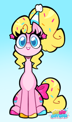 Size: 2306x3931 | Tagged: safe, artist:shyshyoctavia, oc, oc only, oc:sugar sprinkles, earth pony, pony, bow, cupcake, ear piercing, earring, food, hat, high res, jewelry, multicolored hooves, party, party hat, piercing, pink, ponytail, solo, sprinkles