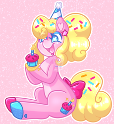 Size: 1338x1452 | Tagged: safe, artist:confetti-bunni, oc, oc only, oc:sugar sprinkles, earth pony, pony, bow, cupcake, ear piercing, earring, food, hat, jewelry, multicolored hooves, party, party hat, piercing, pink, ponytail, solo, sprinkles
