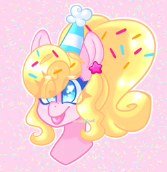 Size: 1323x1366 | Tagged: safe, artist:confetti-bunni, oc, oc only, oc:sugar sprinkles, earth pony, pony, bust, ear piercing, earring, food, hat, jewelry, party, party hat, piercing, pink, solo, sprinkles