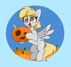 Size: 4040x3802 | Tagged: safe, alternate version, artist:kittyrosie, derpy hooves, pegasus, pony, g4, blushing, cute, derpabetes, halloween, holiday, no pupils, open mouth, pumpkin, solo