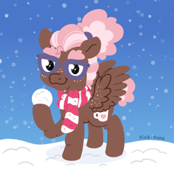 Size: 1800x1750 | Tagged: safe, artist:pink-pone, oc, oc only, oc:peppermint patty, pegasus, pony, clothes, female, glasses, mare, scarf, snow, snowball, snowfall, solo