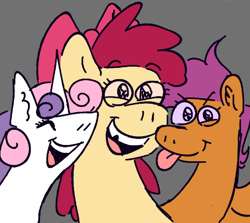 Size: 1280x1143 | Tagged: safe, artist:tezzbot, apple bloom, scootaloo, sweetie belle, earth pony, pegasus, pony, unicorn, g4, cutie mark crusaders, eyes closed, gray background, simple background, smiling, tongue out, tooth gap, trio