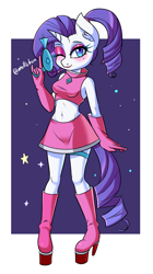 Size: 950x1700 | Tagged: safe, artist:melliedraws, rarity, unicorn, anthro, g4, clothes, cosplay, costume, heart nostrils, one eye closed, platform shoes, ray gun, solo, space channel 5, wink