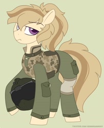 Size: 1500x1850 | Tagged: safe, artist:crimmharmony, oc, oc only, oc:para, earth pony, pony, camouflage, clothes, helmet, military, military uniform, simple background, soldier, solo, two toned mane, uniform