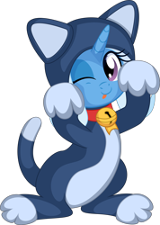 Size: 5648x7947 | Tagged: safe, artist:cyanlightning, trixie, pony, unicorn, g4, .svg available, ;p, absurd resolution, animal costume, bell, bell collar, cat costume, clothes, collar, costume, cute, diatrixes, female, filly, looking at you, one eye closed, simple background, solo, tongue out, transparent background, vector, wink, younger