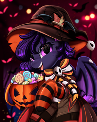 Size: 2550x3209 | Tagged: safe, artist:pridark, part of a set, oc, oc only, pegasus, pony, bucket, candy, clothes, commission, costume, female, food, halloween, hat, high res, holiday, jack-o-lantern, mare, open mouth, part of a series, pegasus oc, pumpkin, pumpkin bucket, purple eyes, socks, solo, striped socks, witch hat, ych result