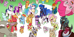 Size: 3922x2000 | Tagged: safe, artist:saturdaymorningproj, applejack, big macintosh, carrot cake, cheerilee, coco pommel, cup cake, daring do, diamond tiara, discord, fluttershy, granny smith, king sombra, lord tirek, mayor mare, pinkie pie, princess cadance, princess celestia, princess flurry heart, princess luna, queen chrysalis, rainbow dash, rarity, shining armor, spike, sunburst, sunset shimmer, twilight sparkle, zecora, alicorn, centaur, changeling, changeling queen, draconequus, dragon, earth pony, pegasus, pony, unicorn, zebra, taur, equestria girls, g4, brother and sister, cartoon physics, crown, female, filly, gritted teeth, hair over one eye, high res, hoof shoes, in which pinkie pie forgets how to gravity, jewelry, male, mane seven, mane six, offscreen character, one eye closed, open mouth, pinkie being pinkie, pinkie physics, regalia, royal sisters, siblings, sisters, stallion, twilight sparkle (alicorn)