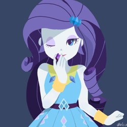 Size: 2048x2048 | Tagged: safe, artist:efuji_d, rarity, equestria girls, g4, blue background, clothes, cute, dress, eyeshadow, female, gem, high res, looking at you, makeup, one eye closed, raribetes, rarity peplum dress, simple background, solo
