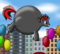 Size: 1244x1136 | Tagged: safe, artist:creatorworld, oc, oc only, oc:bookjangels, balloon pony, inflatable pony, pony, unicorn, air inflation, air nozzle, balloon, belly, big belly, floating, grin, helium inflation, inanimate tf, inflation, living toy, parade balloon, puffy cheeks, ropes, smiling, solo, spherical inflation, transformation