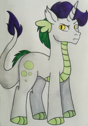 Size: 1280x1816 | Tagged: safe, artist:matbenetti17, oc, oc only, oc:topaz, dracony, hybrid, pony, horn, interspecies offspring, male, offspring, parent:rarity, parent:spike, parents:sparity, solo, traditional art