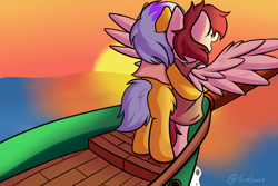 Size: 1024x683 | Tagged: safe, artist:exobass, oc, oc only, oc:argon sunborn, oc:johannes bruttonos, earth pony, pegasus, pony, boat, pegasus oc, solo, sundawn, titanic, water