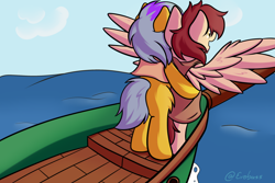 Size: 1024x683 | Tagged: safe, artist:exobass, oc, oc only, oc:argon sunborn, oc:johannes bruttonos, earth pony, pegasus, pony, boat, clothes, earth pony oc, pegasus oc, solo, sundawn, titanic, water