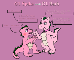 Size: 1601x1310 | Tagged: safe, artist:tarkan809, spike (g1), dragon, g1, barb, barb (g1), blushing, collar, digital art, female, male, r63 paradox, rule 63, simple background, speech bubble, text