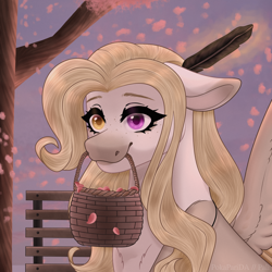 Size: 2000x2000 | Tagged: safe, artist:pokaparida, oc, oc only, oc:cherry blossom, pegasus, pony, basket, female, freckles, heterochromia, high res, leaves, mare, mouth hold, solo, tree