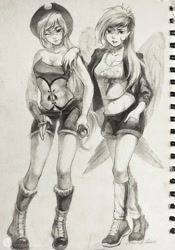 Size: 750x1071 | Tagged: safe, artist:paipaishuaige, applejack, rainbow dash, human, equestria girls, g4, female, humanized, lesbian, monochrome, ship:appledash, shipping, traditional art