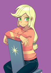 Size: 2894x4093 | Tagged: safe, artist:haibaratomoe, applejack, equestria girls, g4, chair, clothes, cute, eye clipping through hair, eyebrows, eyebrows visible through hair, female, freckles, high res, jackabetes, long sleeves, looking at you, purple background, simple background, sitting, smiling, smiling at you, solo