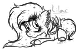 Size: 816x518 | Tagged: safe, artist:beamybutt, oc, oc only, oc:lilac, pegasus, pony, ear fluff, eyelashes, female, lineart, lying down, mare, monochrome, pegasus oc, prone, solo, wings