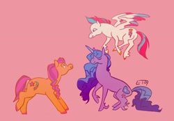 Size: 2048x1424 | Tagged: safe, artist:emyoswald, izzy moonbow, sunny starscout, zipp storm, earth pony, pegasus, pony, unicorn, g5, my little pony: a new generation, hoers, pink background, simple background, trio