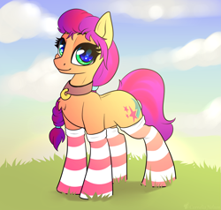 Size: 2097x2000 | Tagged: safe, artist:cornelia_nelson, sunny starscout, earth pony, pony, g5, my little pony: a new generation, clothes, collar, cute, female, high res, mare, smiling, socks, solo, stockings, striped socks, sunnybetes, thigh highs