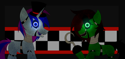 Size: 3554x1687 | Tagged: safe, artist:lucky-em, oc, oc only, oc:emerald, earth pony, pony, robot, robot pony, unicorn, animatronic, duo, five nights at freddy's, smiling