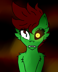 Size: 1057x1297 | Tagged: safe, artist:lucky-em, oc, oc only, oc:emerald, earth pony, pony, abstract background, black sclera, earth pony oc, frown, heterochromia, wide eyes