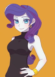 Size: 2894x4093 | Tagged: safe, artist:haibaratomoe, rarity, equestria girls, g4, bracelet, ear piercing, earring, eyebrows, eyebrows visible through hair, female, hand on hip, high res, jewelry, looking at you, nail polish, orange background, piercing, simple background, sleeveless, smiling, smiling at you, solo