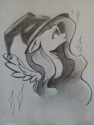 Size: 780x1040 | Tagged: safe, artist:falses, fluttershy, pegasus, pony, g4, clothes, costume, cute, female, grayscale, halloween, halloween costume, hat, holiday, looking up, magic, mane, mare, monochrome, open mouth, open smile, pencil drawing, shading, simple background, smiling, solo, spread wings, stars, traditional art, white background, wings, witch, witch hat