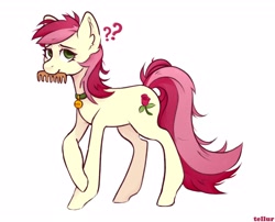 Size: 2560x2070 | Tagged: safe, artist:tellur, roseluck, earth pony, pony, g4, brush, collar, commission, commissioner:doom9454, cute, ear fluff, female, high res, mare, messy mane, mouth hold, pet tag, pony pet, question mark, rosepet, simple background, solo, tail, two toned mane, two toned tail, white background