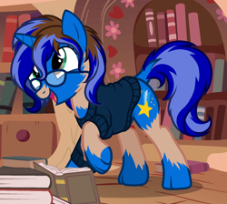 Size: 1136x1017 | Tagged: safe, artist:anonymous, oc, oc only, oc:star gazer, pony, unicorn, /ptfg/, book, brown hair, clothes, female, glasses, human to pony, indoors, light skin, looking at horn, mare, mid-transformation, open mouth, open smile, show accurate, smiling, sweater, transformation