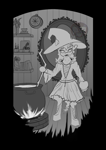 Size: 935x1323 | Tagged: safe, artist:calena, part of a set, applejack, semi-anthro, g4, 2021, apple, arm hooves, black and white, book, boots, cauldron, clothes, commission, dress, flower, food, grayscale, halloween, hat, holiday, looking at you, monochrome, nightmare night, plant, plants, shoes, sketch, solo, witch, witch hat, wooden floor, ych sketch, your character here