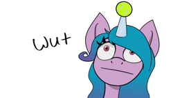 Size: 1920x1080 | Tagged: safe, artist:f1utter5hy, izzy moonbow, pony, unicorn, g5, my little pony: a new generation, :|, ball, bust, female, gradient mane, horn, horn guard, hornball, izzy's tennis ball, mare, portrait, reaction image, simple background, solo, tennis ball, white background, wut face