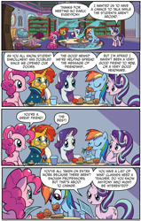 Size: 646x1015 | Tagged: safe, artist:michela cacciatore, idw, pinkie pie, rainbow dash, rarity, starlight glimmer, sunburst, earth pony, pegasus, pony, unicorn, g4, my little pony: generations, spoiler:comic, spoiler:comicgenerations01, carrot, cloak, clothes, cute, dashabetes, female, food, glasses, herbivore, male, mare, mouth hold, muffin, nom, school of friendship, stallion, sunburst's cloak, sunburst's glasses