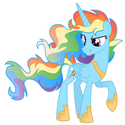 Size: 1280x1280 | Tagged: safe, artist:magicuniclaws, rainbow dash, alicorn, pony, g4, alicornified, concave belly, female, folded wings, full body, hoof shoes, horn, mare, multicolored hair, multicolored mane, multicolored tail, princess rainbow dash, race swap, rainbow hair, rainbow tail, rainbowcorn, raised hoof, simple background, slender, smiling, solo, standing, tail, thin, transparent background, wings
