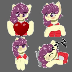Size: 2000x2000 | Tagged: safe, artist:falses, oc, oc only, oc:starfruit fritter, pony, blushing, clothes, commission, cute, female, heart, high res, hug, jacket, looking at you, looking down, mare, piercing, pillow, pillow hug, shirt, simple background, sleeping, sleepy, smiling, smiling at you, solo, sticker, t-shirt, ych result